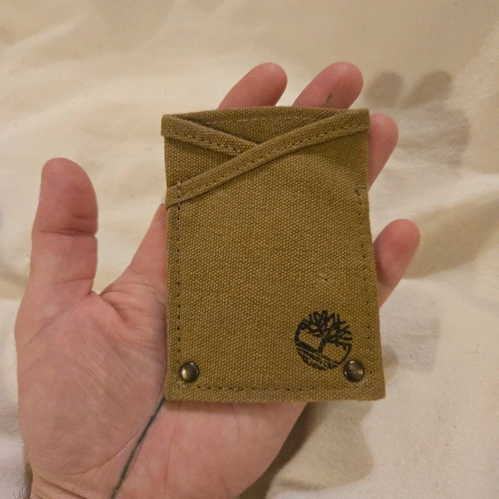 Timberland Wallet Card Holder Minimalist Slim Canvas Mens Tan Brown Logo Rivet